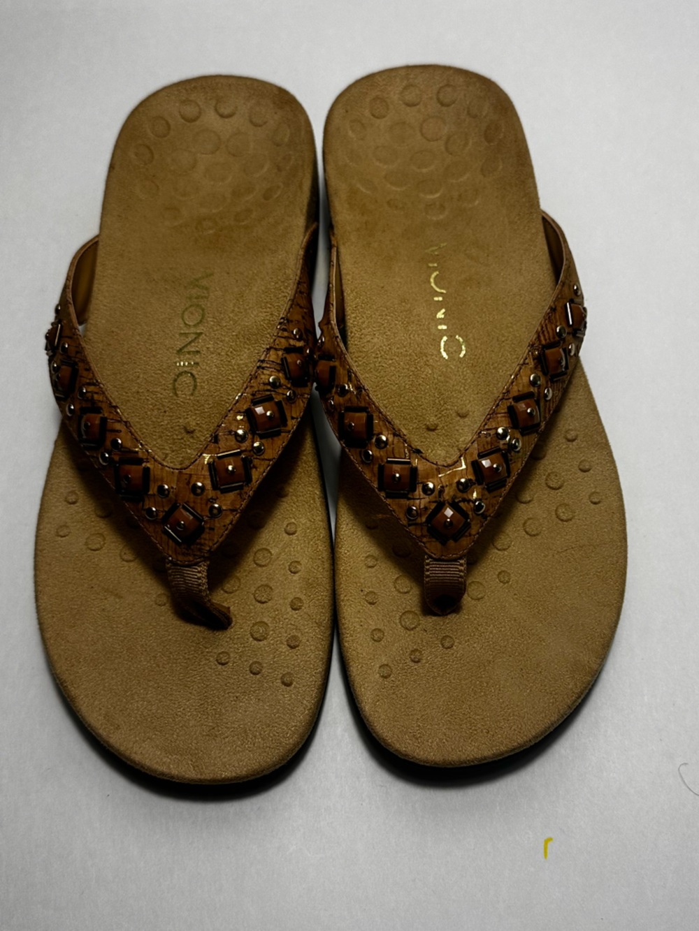 Vionic Floriana Sandals Tan Cork Beaded Orthotic Flip Flops Comfort Size 8.0